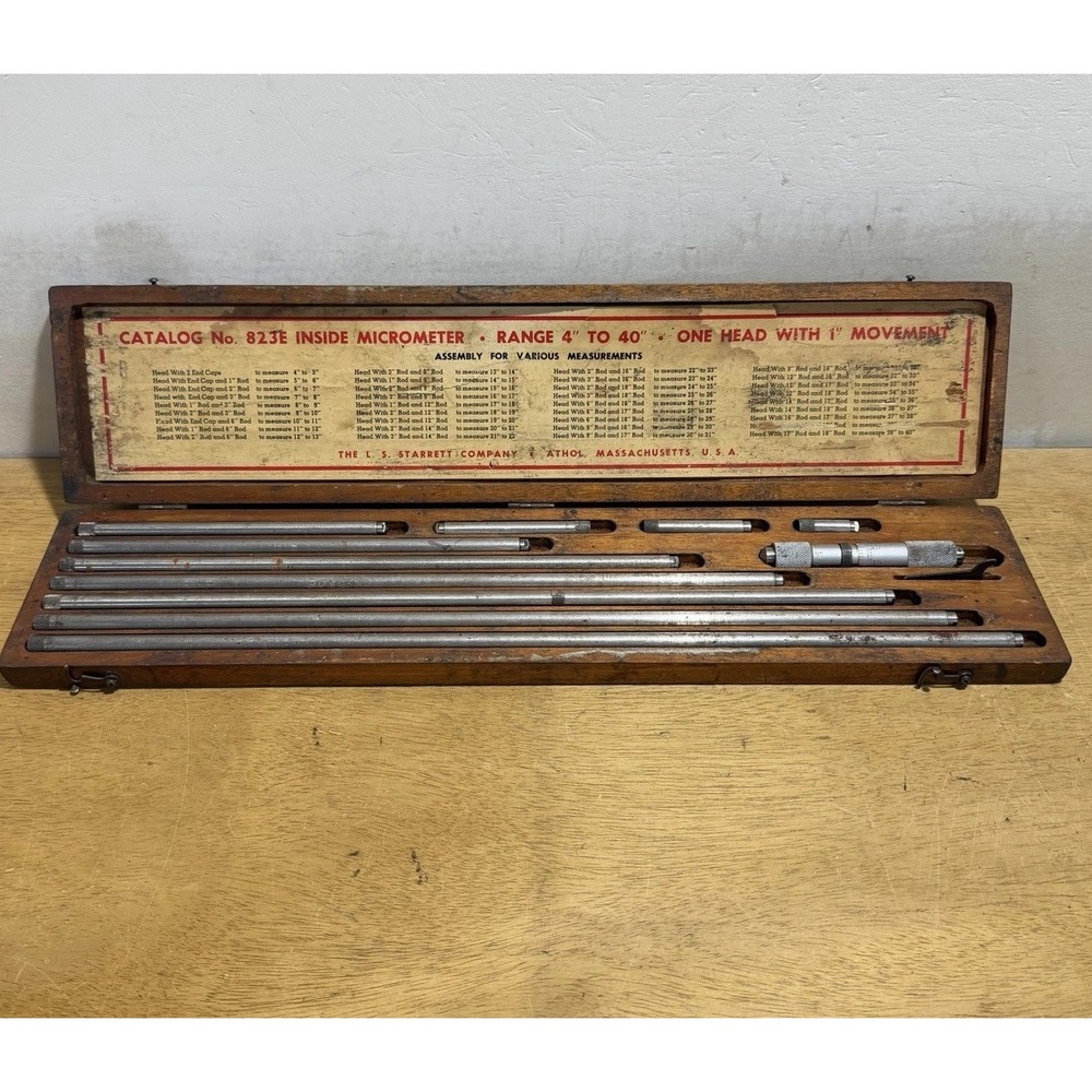 Starrett 823E Inside Micrometer Set 4-40 Inch Machinist Tool with Wood Case USA